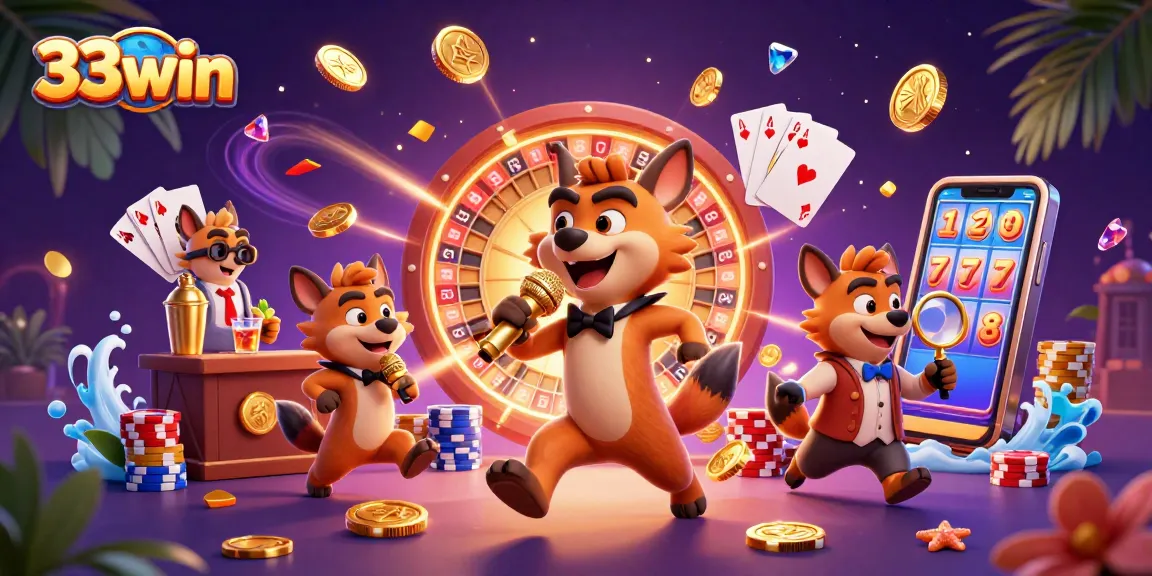 Join the excitement at 33win with hyenas in a vibrant casino scene filled with winnings.
