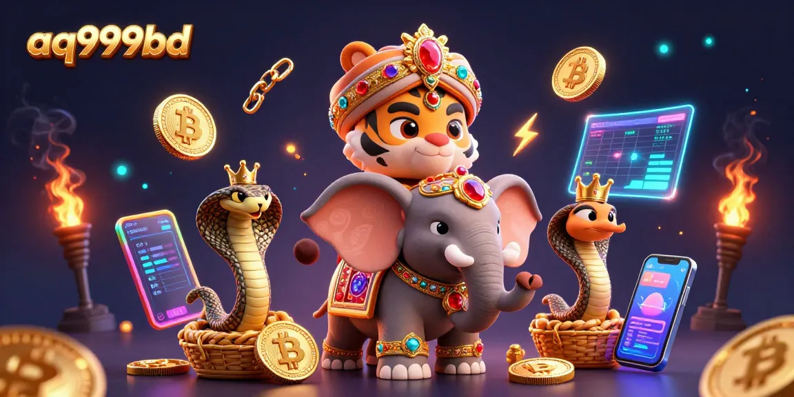 Engage in thrilling games at aq999bd with a vibrant casino scene featuring a majestic maharaja and glowing crypto elements.