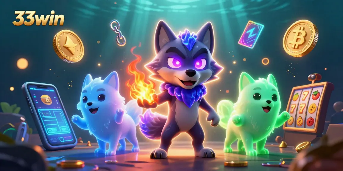 Engage with 33win's vibrant casino scene featuring a spectral wolf leader amidst slots and crypto elements.