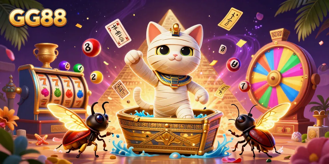 Engage in exhilarating gameplay with GG88 featuring a lively Egyptian mummy and vibrant slot elements.