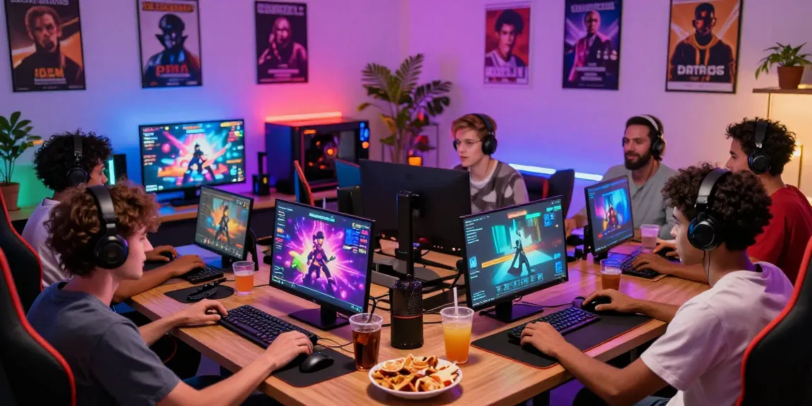 Group enjoying gay porn games in a vibrant gaming den filled with LED lights and snacks.