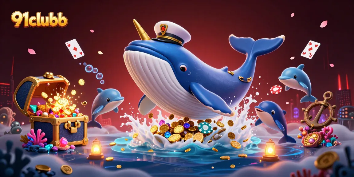 Experience the thrilling world of 91clubb as a whale captain, with playful dolphins and a narwhal in an exciting gambling adventure.