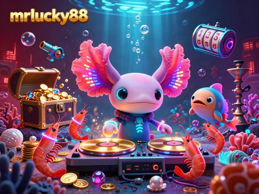 Enjoy vibrant gaming with mrlucky88 in a lively 3D underwater casino scene, featuring unique characters and elements.