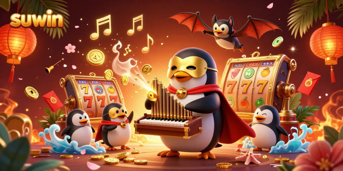 Suwin slots come alive with a penguin organist showering players in golden coins amidst vibrant game elements.