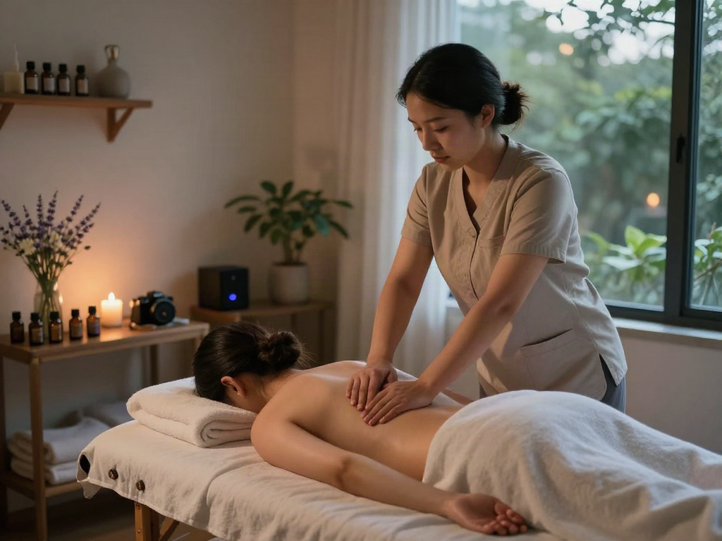 Relaxation during 서대문출장안마 with soothing massage in tranquil therapy room, candles, and essential oils.