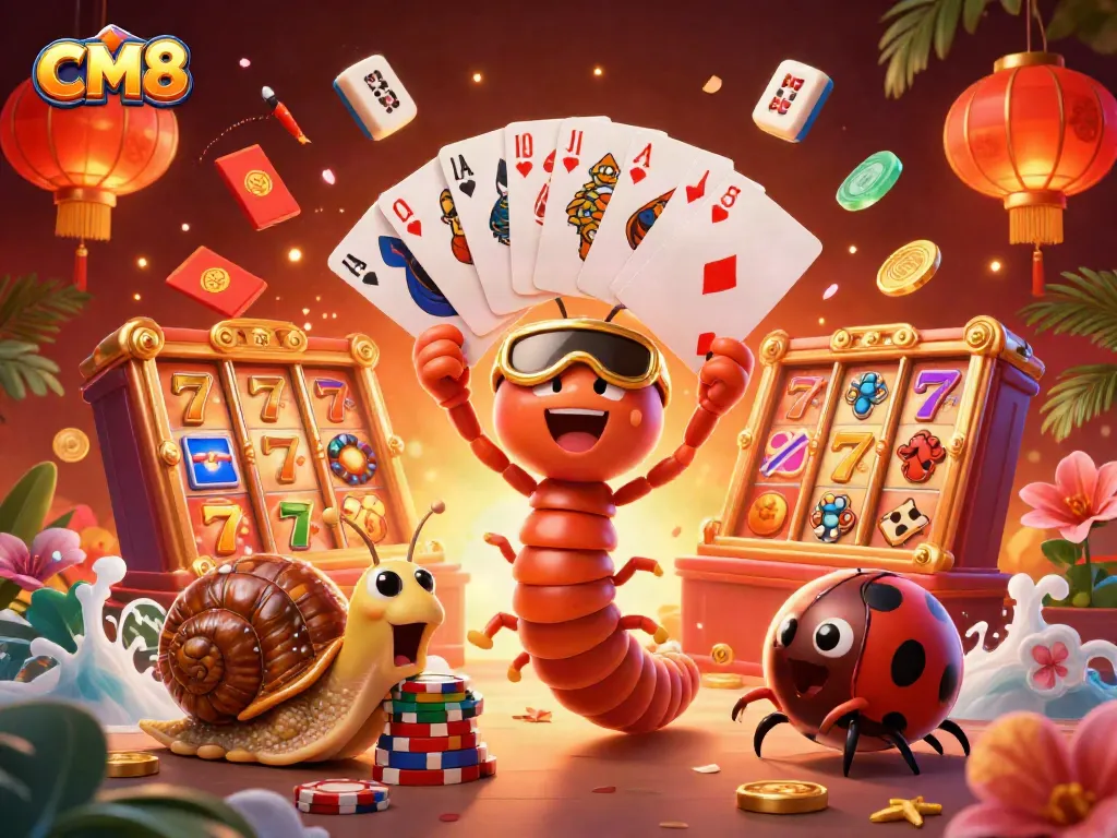 Win big with CM8 in this vibrant casino illustration showcasing excitement and gaming action.