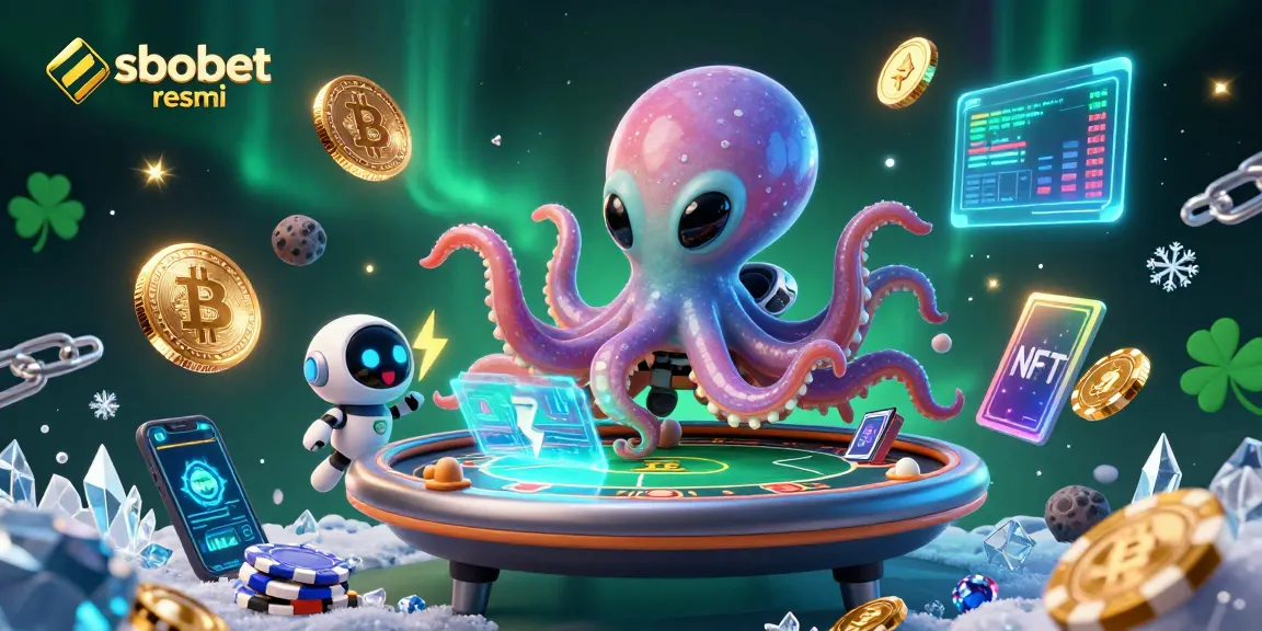 Experience thrilling sbobet resmi gaming action with a cartoon alien octopus at a holographic poker table.