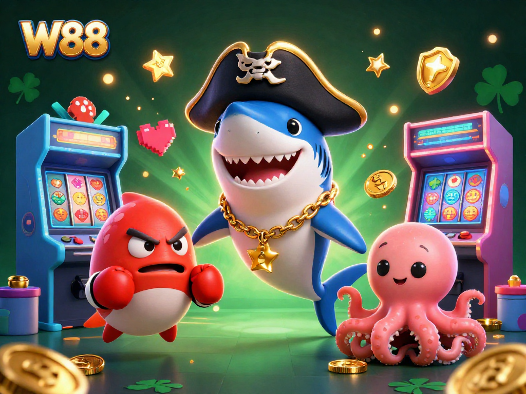 Win big at W88 with exciting casino games featuring vibrant characters and golden coins.