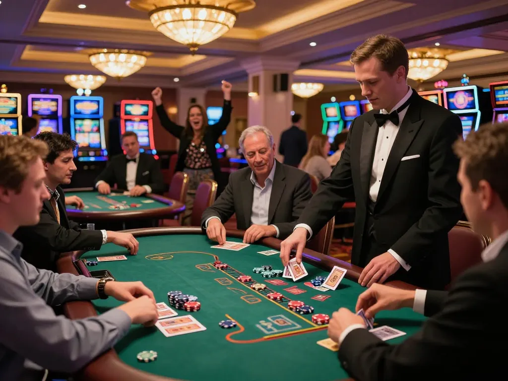 CM88 blackjack excitement with players placing bets and celebrating wins in a bustling casino.