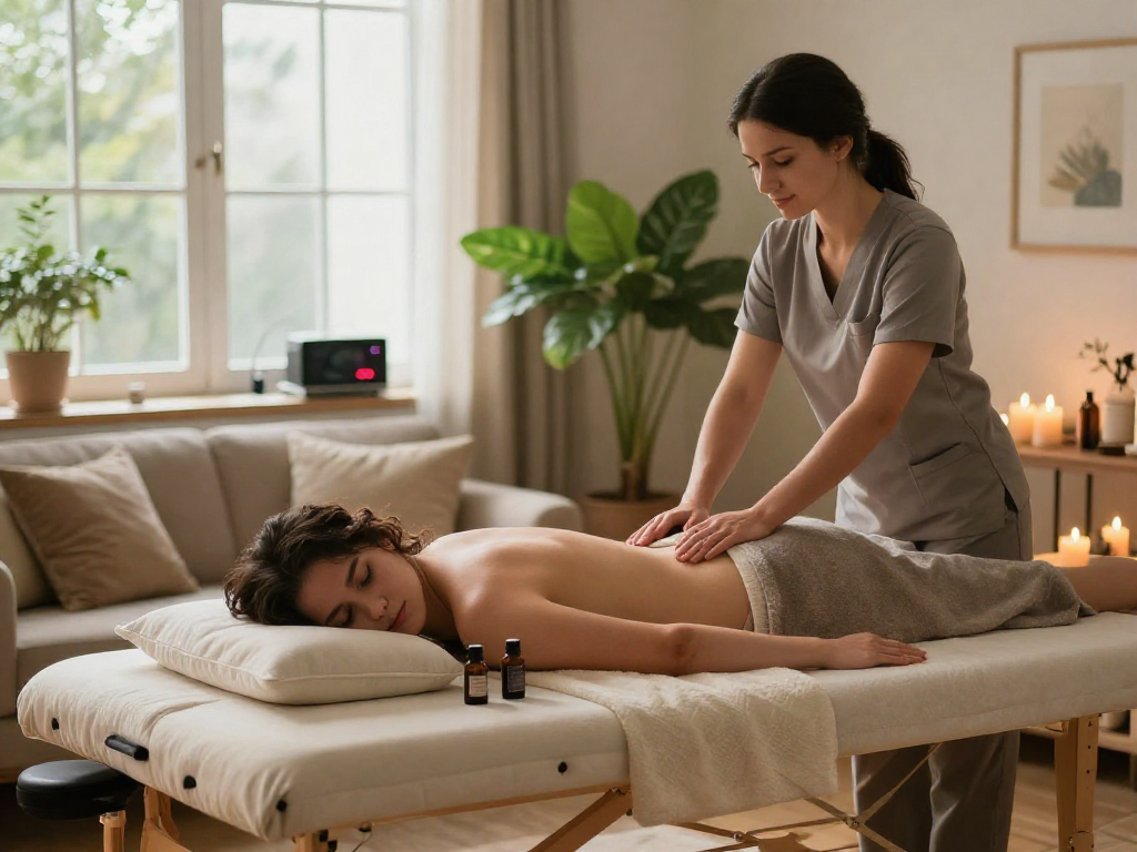 길동출장마사지 session in a cozy home setting with soothing elements.