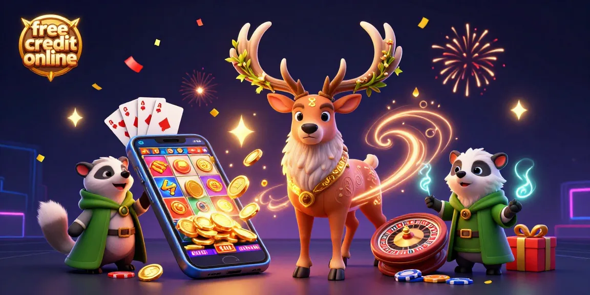 Claim your free credit online with engaging casino characters, slot games, and vibrant festive effects.