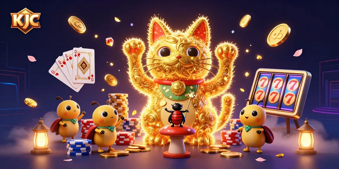 KJC showcases a vibrant casino theme with a lucky cat and casino symbols dynamically interacting.