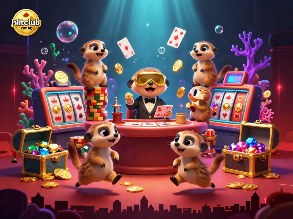 A dynamic scene of meerkats running a casino featuring hitclub chính thức, with engaging games and colorful elements.