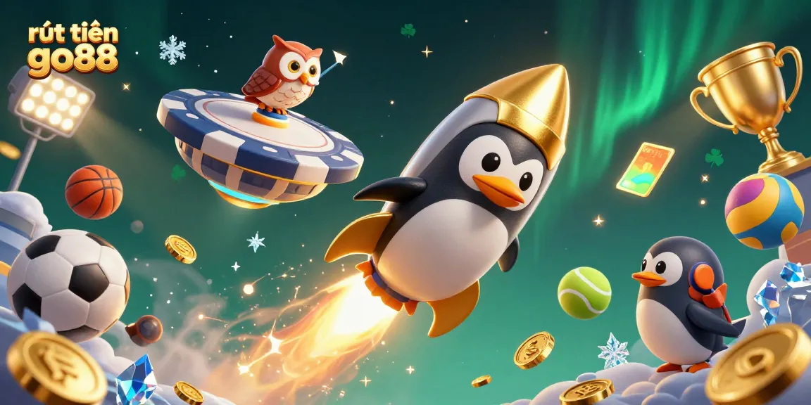 Engaging illustration displaying the rút tiền go88 process with a cartoon penguin and casino elements.