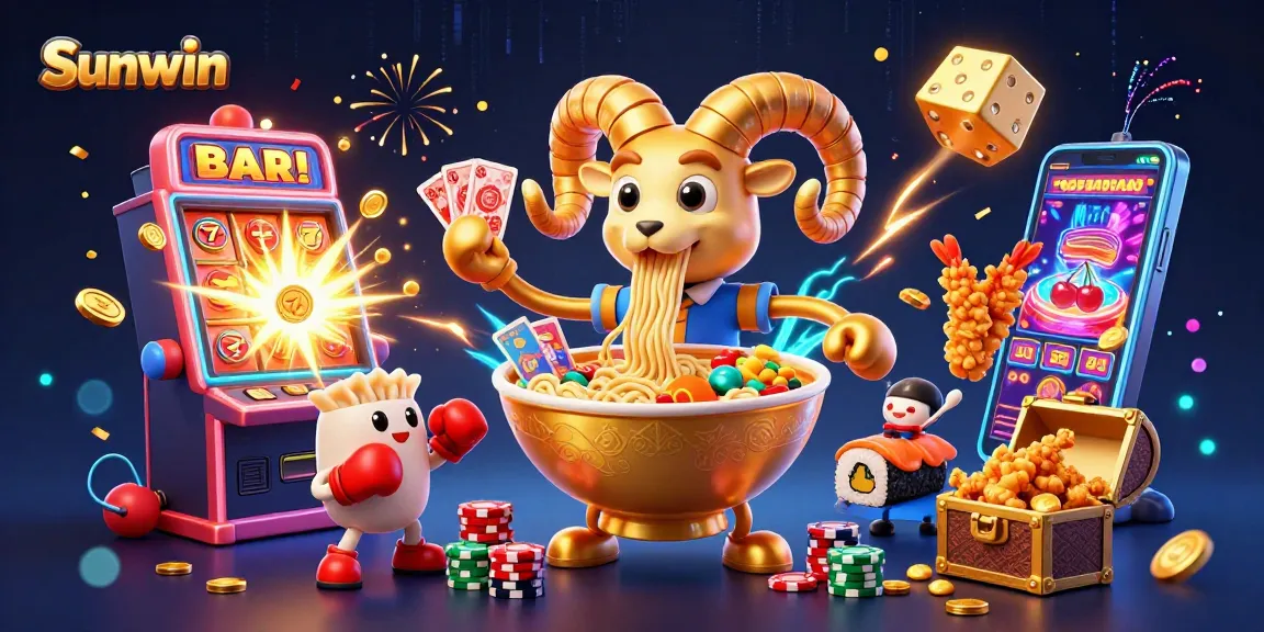 Sunwin showcases a vibrant 3D casino scene with characters winning big from slot machines.