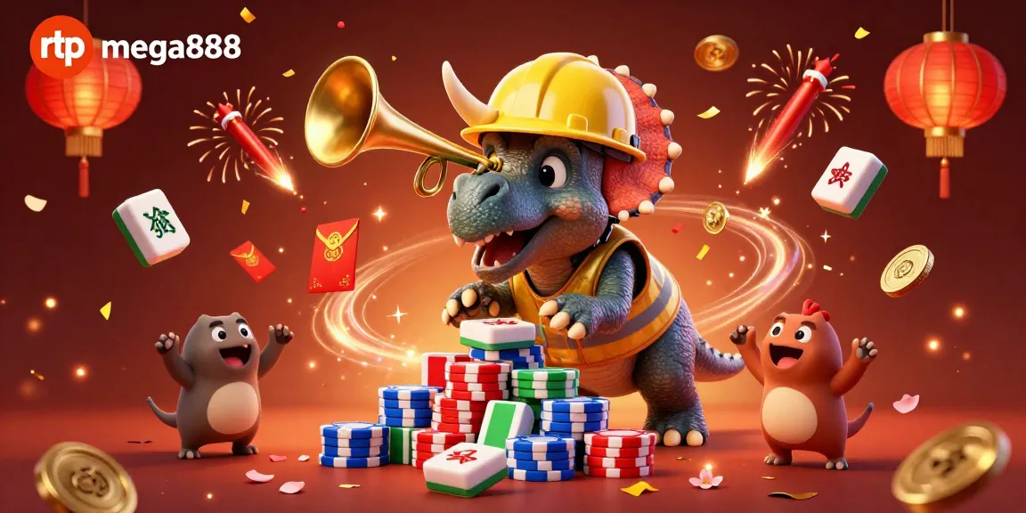 Engage in the spirited world of rtp mega888 with energetic characters celebrating in a bustling casino.