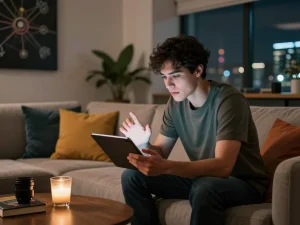 An engaging AI sex chat scene showing a person interacting with a virtual companion in a cozy lounge.