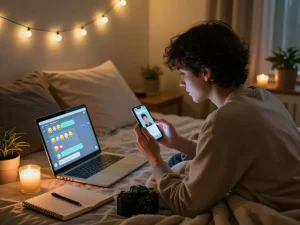 Interactive AI chat nsfw session in an intimate and cozy bedroom setting with warm lighting.