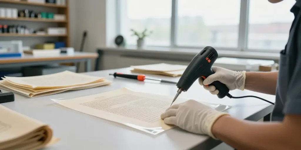 Kỹ thuật viên chuyên nghiệp thực hiện dịch vụ bóc ép plastic để khôi phục tài liệu lịch sử.