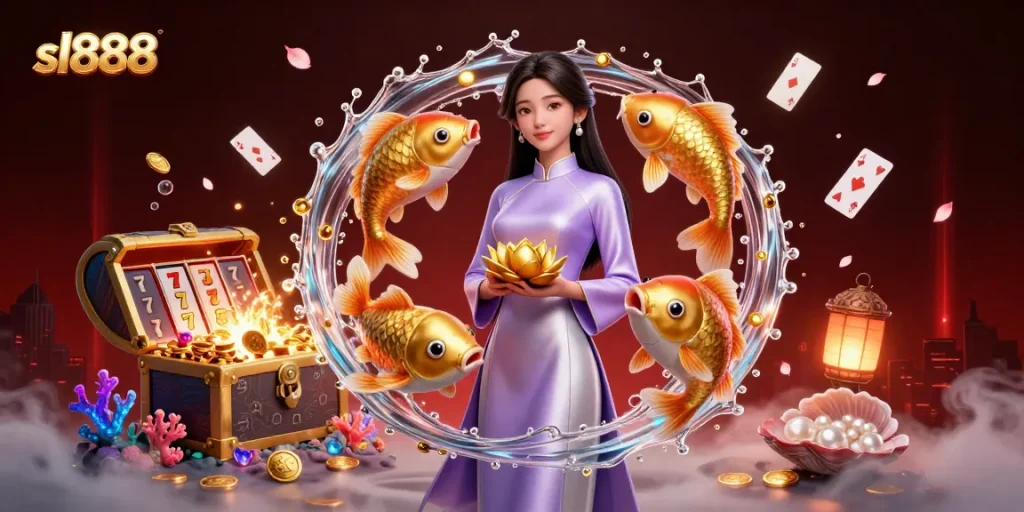 This vibrant 3D illustration showcases sl888 with a luxurious Asian woman, slot reels, and floating poker cards in a dynamic casino scene.