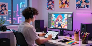 AI ecchi art character in a creative digital studio, showcasing vibrant artwork and inspiring atmosphere.