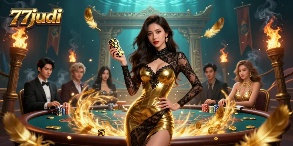 Experience high-stakes excitement at 77judi with a glamorous baccarat setting and golden chips.