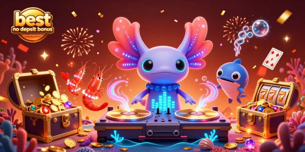 Engage with the best no deposit bonus casinos and codes in Australia, via a vibrant 3D casino scene with characters and game elements.
