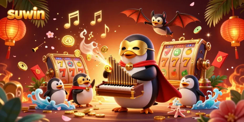Suwin slots come alive with a penguin organist showering players in golden coins amidst vibrant game elements.