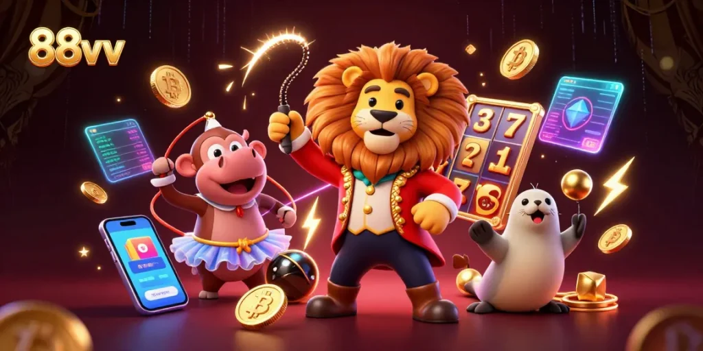 Engage with 88vv's vibrant circus scene featuring a lion, hippo, monkey, and seal amidst animated slot reels.