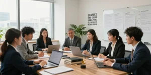 Lawyers collaborating in a modern office, creating solutions that made my day for clients facing legal challenges.